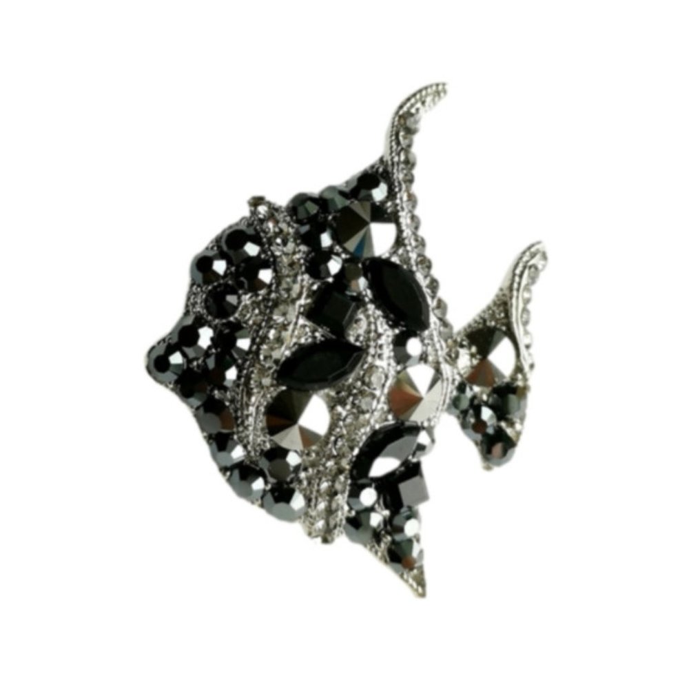 New, silvery grey crystal angelfish fish brooch pin